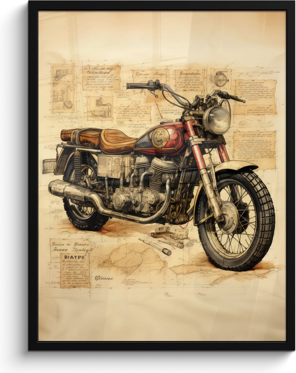 FrameYourWall Poster in lijst - Fotolijst 60x80 cm - Posters - Vintage - Motor - Papier - Voertuig - Posterlijst zwart - Decoratie - Wanddecoratie woonkamer - Muurdecoratie slaapkamer Motorfiets
