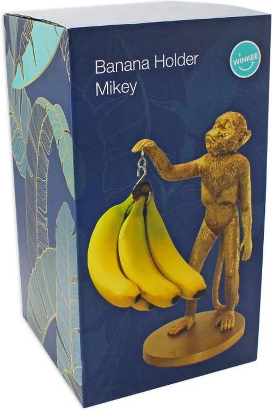 Winkee 'Banana Holder Mikey' productdoos met een gouden aap figuur die bananen vasthoudt.