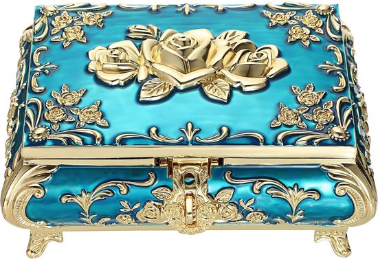 Bastix - Vintage sieradendoos met deksel van metaal, blauw met gouden bloemvorm, sieradenkistje, sieradenkoffer voor ring, armband, oorbellen, cadeau voor Kerstmis, verjaardag (groot)