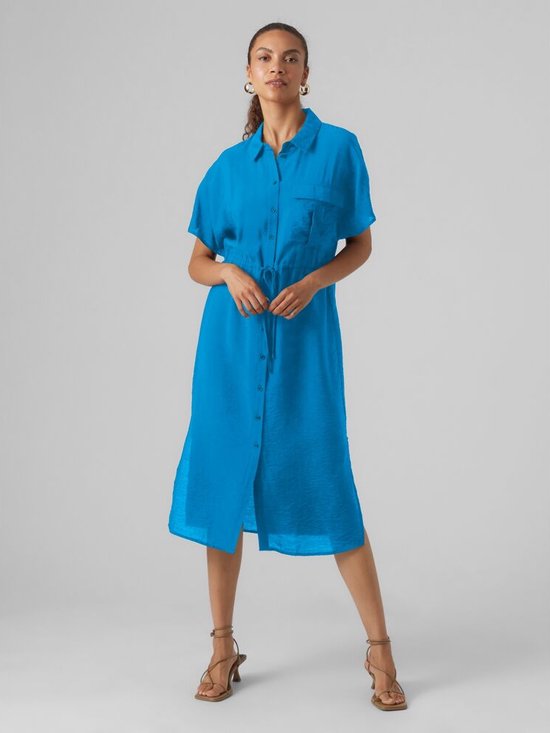 Vero Moda Vmiris S/s Shirt Calf Dress Ibiza Blue BLAUW M