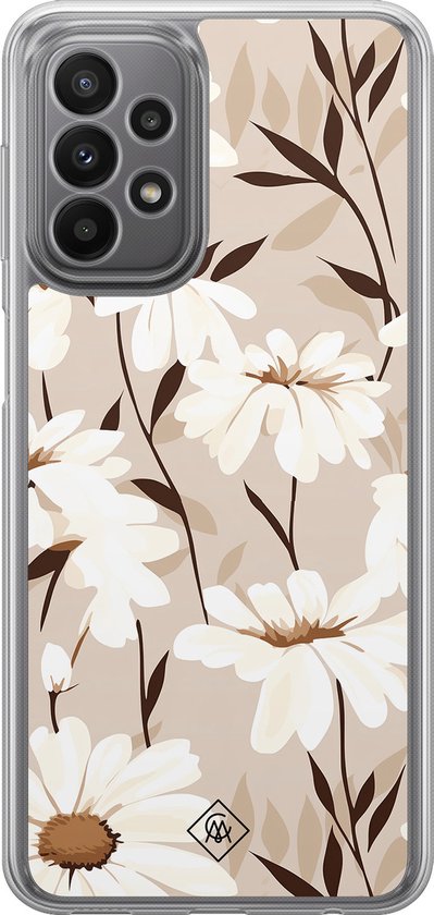 Casimoda® hoesje - Geschikt voor Samsung Galaxy A23 - In Bloom - 2-in-1 case - Schokbestendig - Bloemen - Verhoogde randen - Bruin/beige, Transparant