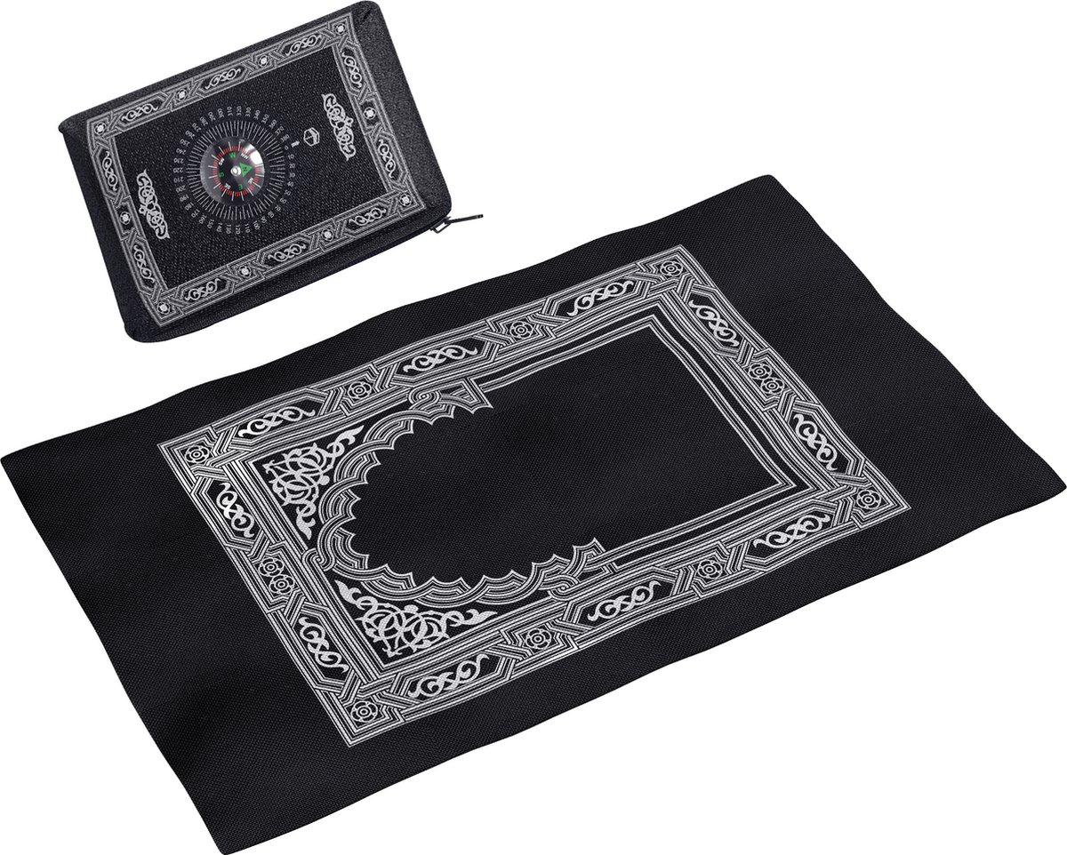 Djitee® Prayi - Islamitisch Reis Gebedskleed - Bid Overal - Inclusief Opbergtasje Met Qibla Kompas - Cadeau Voor Ramadan en Eid - Afmeting 100 x 60 cm - Djitee