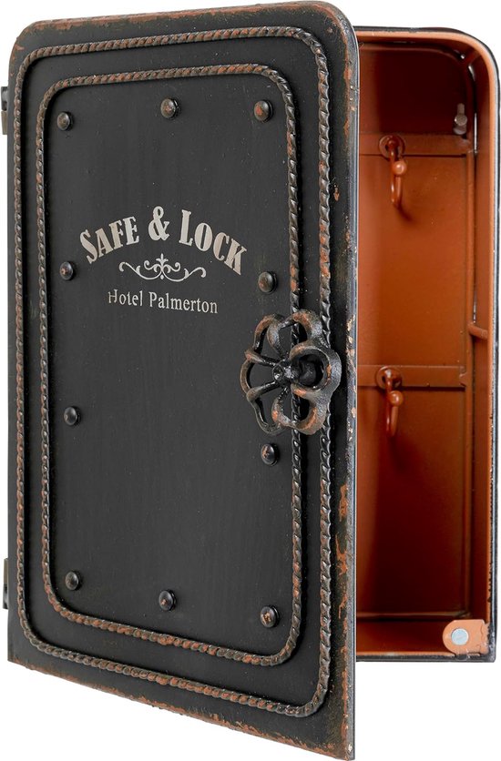 Design sleutelkast zwart, veilig met 6 haken voor sleutels, vintage, sleutelopslag, stalen kast, accessoire, 31 x 24 x 13 cm