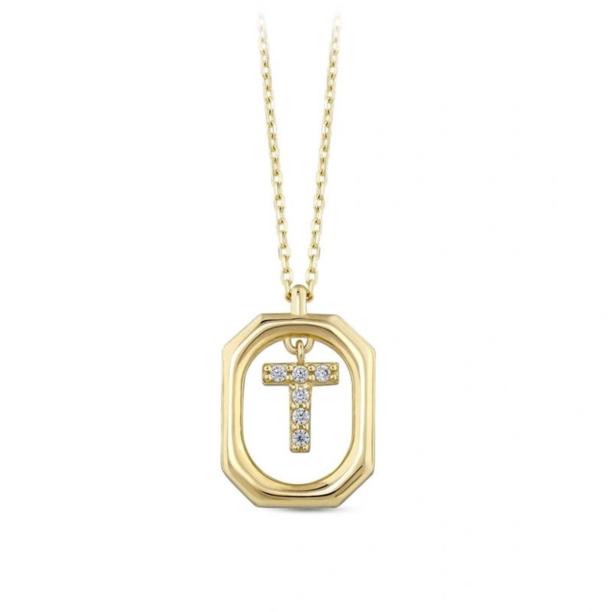 Goud Hanger Letter T met Ketting Zirkonia 14 karaats