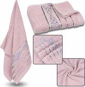 Lila Katoenen Handdoek met Decoratief Borduursel, Grijs Borduurwerk, Badhanddoek 70x135 cm