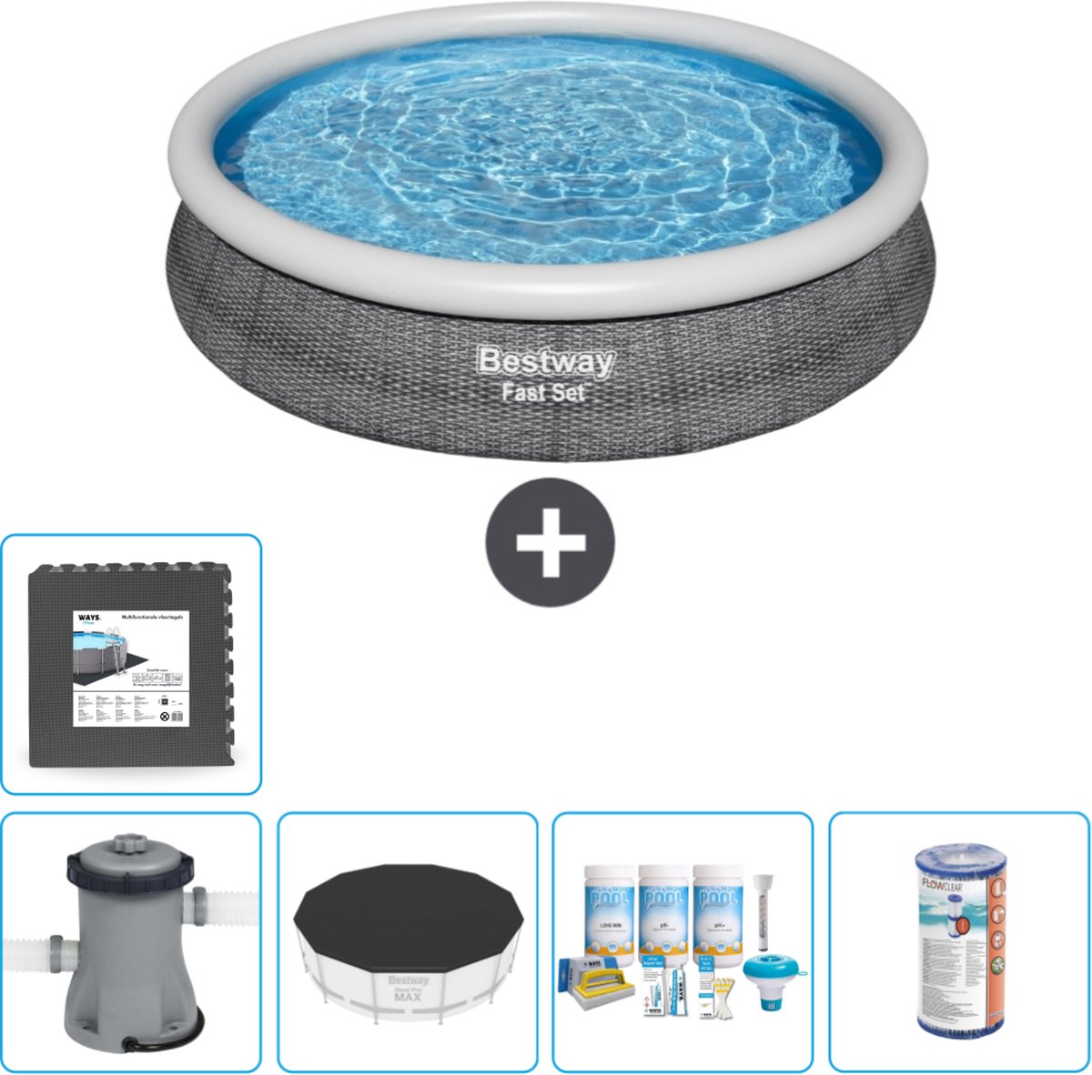 Bestway Rond Opblaasbaar Fast Set Zwembad - Rotanprint - 366 x 76 cm - Inclusief Pomp Afdekzeil - Onderhoudspakket - Filter - Vloertegels