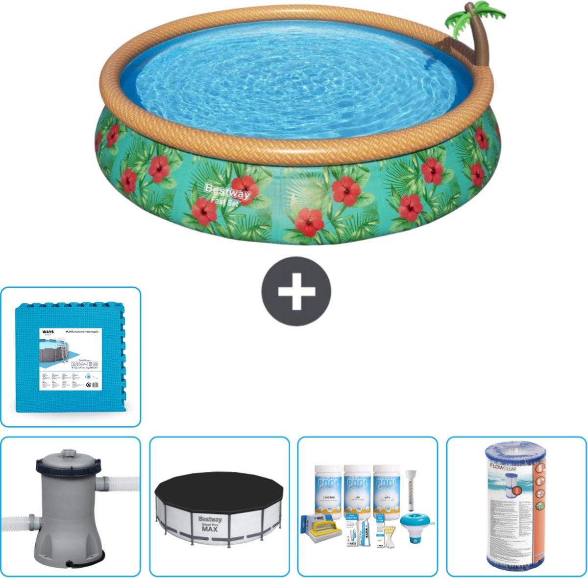 Bestway Rond Opblaasbaar Fast Set Zwembad – Paradijsprint – 457 x 84 cm – Inclusief Pomp Afdekzeil – Onderhoudspakket – Filter – Vloertegels Bestway Rond Opblaasbaar Fast Set Zwembad – Paradijsprint – 457 x 84 cm – Inclusief Pomp Afdekzeil – Onderhoudspakket – Filter – Vloertegels