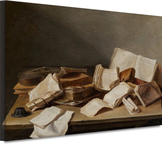 Stilleven met boeken en een viool - Jan Davidsz. de Heem portret - Boeken schilderijen - Canvas schilderijen Oude meesters - Wanddecoratie kinderkamer - Canvas - Kunst 60x40 cm