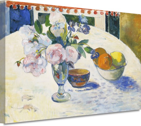 Bloemen en een fruitschaal op tafel - Paul Gauguin wanddecoratie - Bloemen schilderijen - Schilderijen canvas Stilleven - Schilderij vintage - Muurdecoratie canvas - Kunst aan de muur 100x75 cm