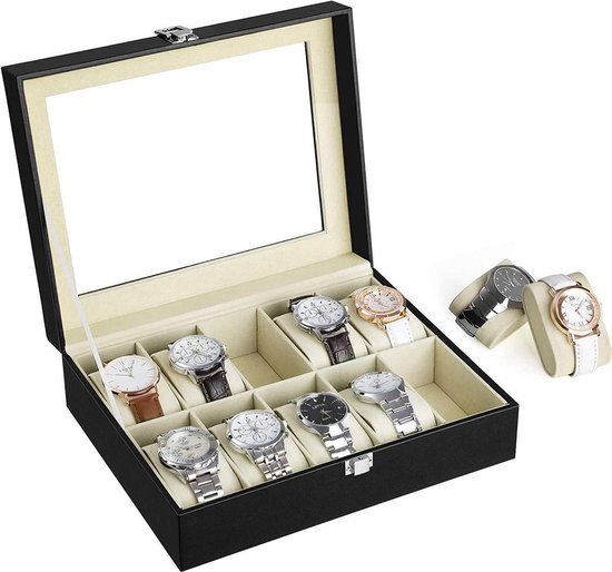 Horlogedoos 10 Stuks - Horloge Box - Horloge Opbergdoos - Crème binnen voering - Zwart - JWB010V1