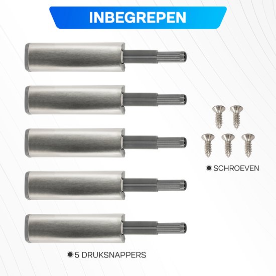Vijf zilverkleurige push-to-open druksnappers met schroeven.