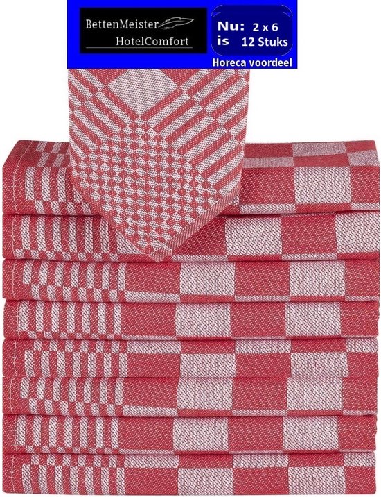 12 Stuks - super voordeel pak theedoeken rood / wit - 65x65cm ...