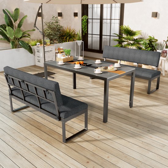 Sweiko Outdoor eettafel stoel cover set, 6 stoelen, grote capaciteit, met afneembare en wasbare rugleuning en zitkussen, kunststof tafel met houtnerf, grijs