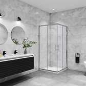Douchecabine met chromen profielen en dubbele schuifdeuren, staand in een moderne badkamer.