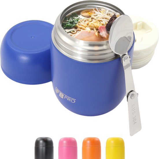 Thermos voedselcontainer met lepel - Thermoskan - Thermosbeker voor het meenemen van eten - Voedsel container voor soep, noodles, babyvoeding, havermout, ijs en meer! - Soepbeker to go - Blauw - 420ml