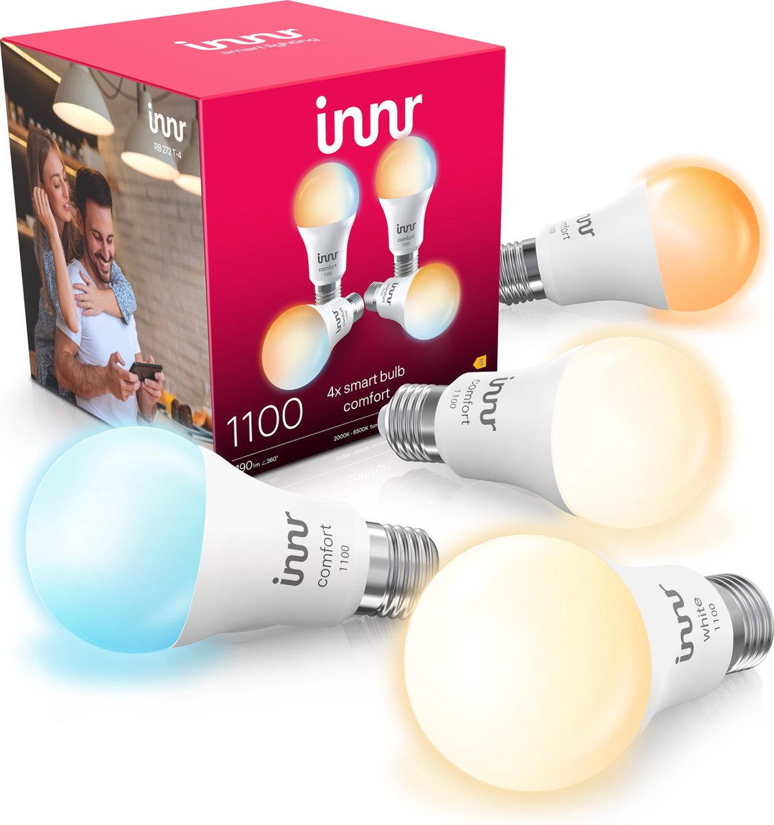 Innr smart E27 LED lamp - geschikt voor Philips Hue - Zigbee bulb - warmwit tot koelwit licht - slimme lamp - dimbaar - 1190 lumen - 4 pack