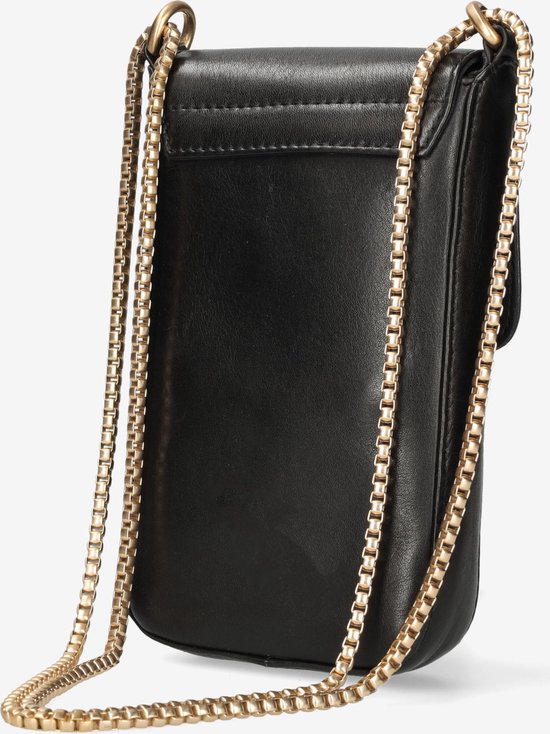 Zijkant van een zwarte Fred de la Bretoniere telefoontas van leer met goudkleurige ketting.