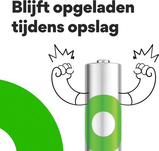 Een oplaadbare AA batterij met getekende spierballen en de tekst 'Blijft opgeladen tijdens opslag'.