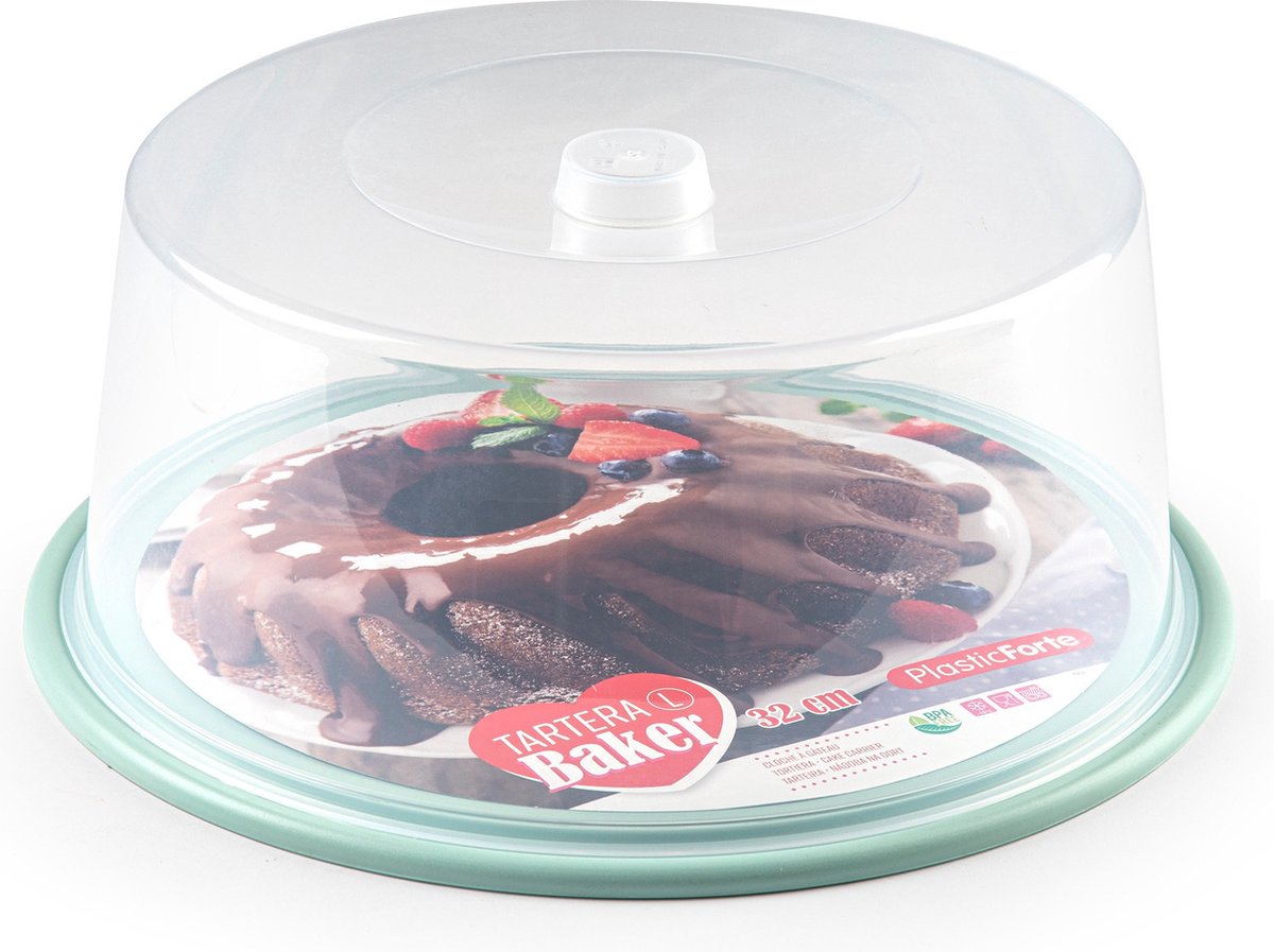 Plasticforte Taart/gebakjes bewaardoos - rond D32 x H15 cm - bodem mintgroen - met taartschep rvs 27 cm