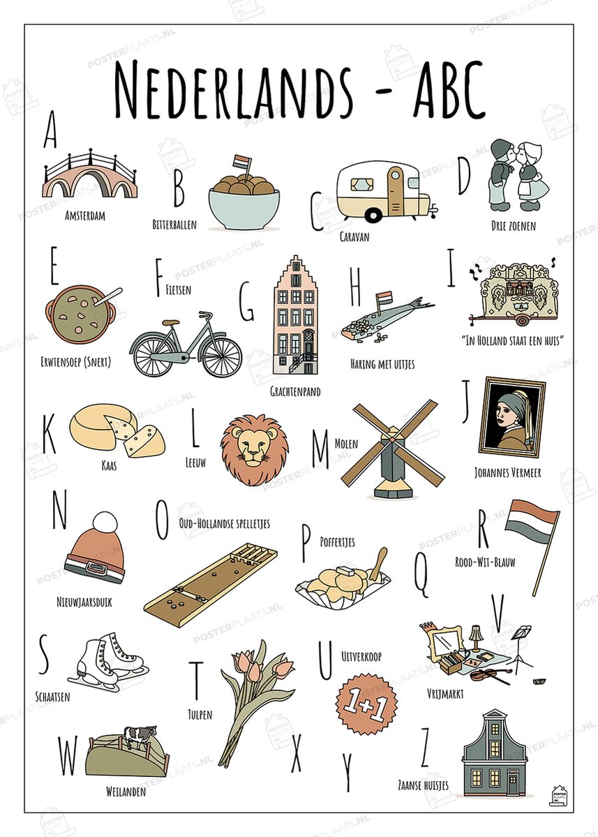 ABC Poster Nederland - 30 x 40 cm - Educatieve Letterposter met Handgetekende Illustraties - Kinderkamer & Wanddecoratie - Woondecoratie - Relatiegeschenk