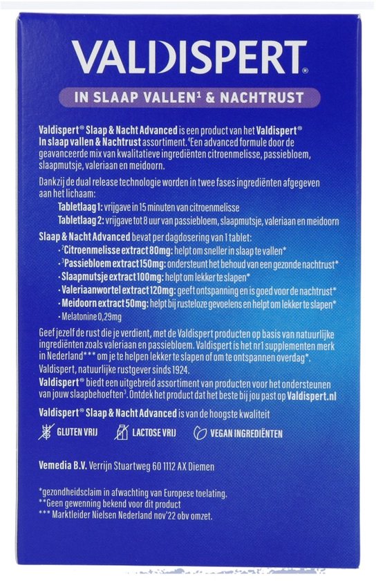 Valdispert Slaap & Nacht Advanced verpakking met "Gluten Vrij, Lactose Vrij, Vegan Ingrediënten" en adres.