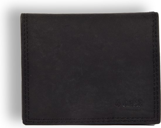 4 East Zwarte Echt Lederen Trifold Portemonnee met Pasjeshouder - Compact 9.5x8x2.5cm - 6 Creditcardvakken - 1 Muntvak - Voor Heren- en Dames