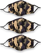 3-Pack Camouflage Mondkapje Wasbaar | 100% Katoen Unisex | Geschikt voor Kinderen & Volwassenen | 24cm x 15,5cm | Duurzaam & Herbruikbaar | Bescherming tegen Luchtvervuiling