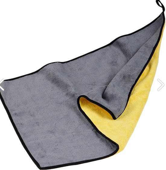 Grijs en geel microvezel doek, dubbelzijdig met zwarte bies. Zacht en absorberend.