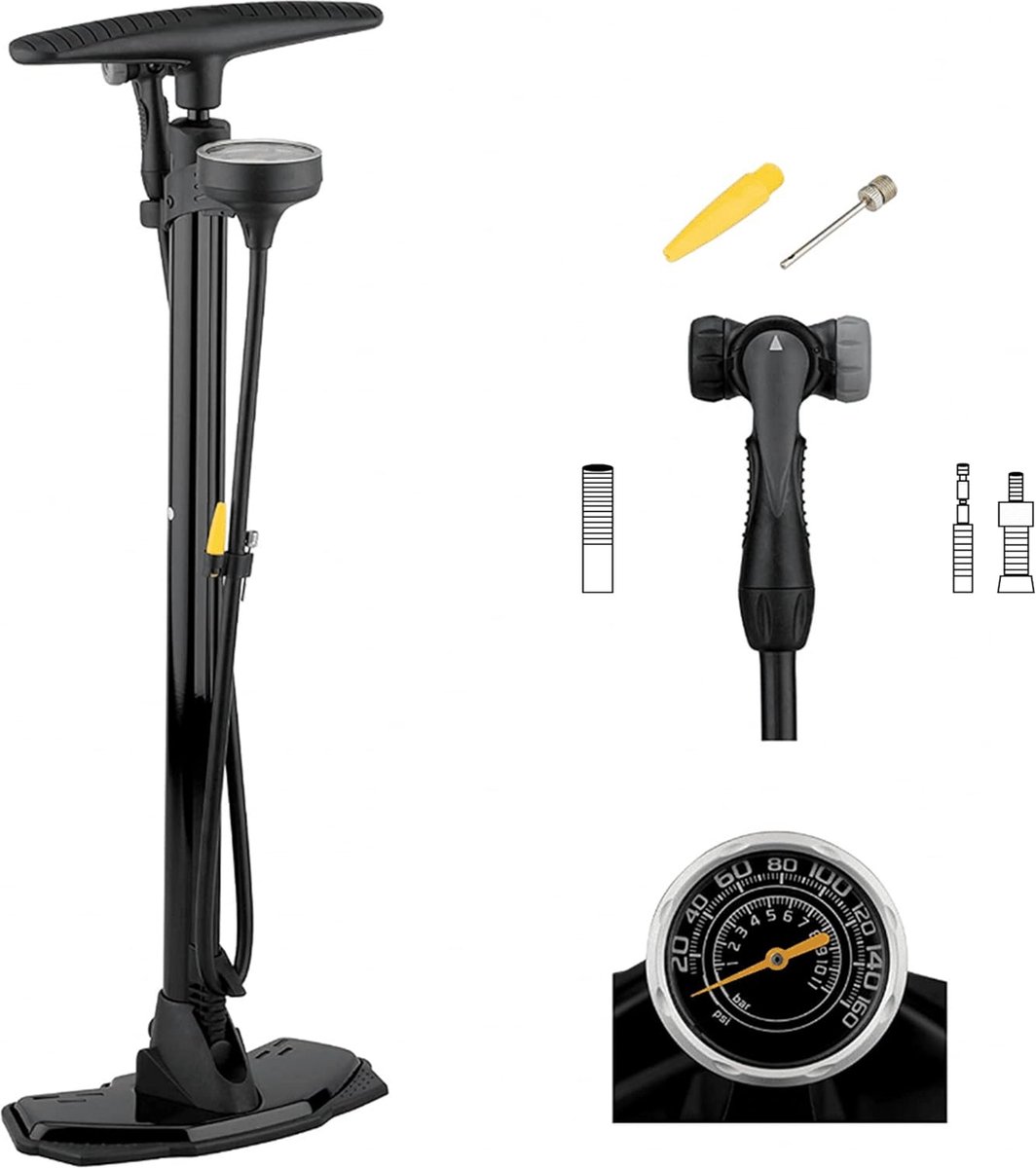 Fietspomp Pro - staande pomp staal - boven geplaatste manometer - luchtpomp voor fiets, MTB of racefiets met softgrip voor alle ventielen - hoge druk tot 11 bar 160 psi