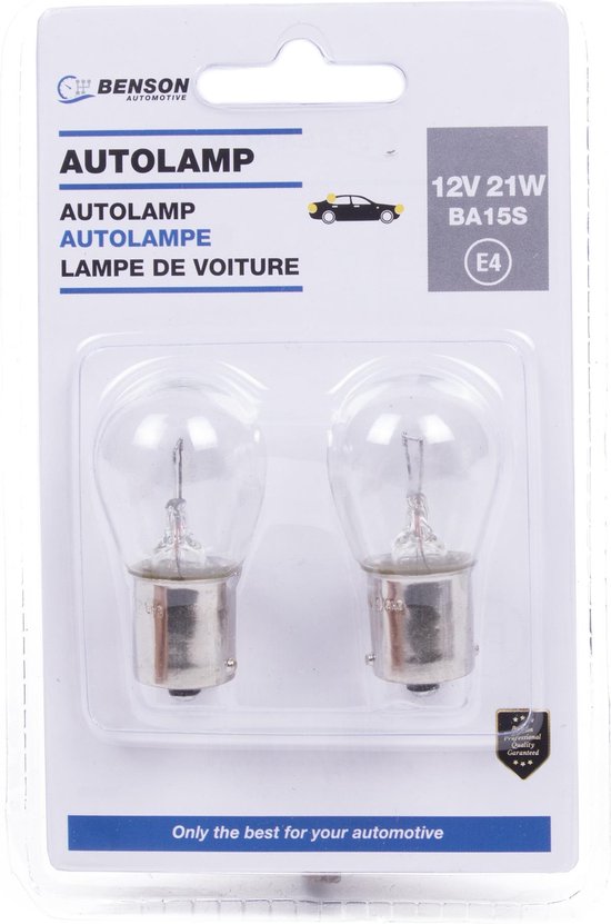 Benson Autolamp verpakking met twee 12V 21W BA15S autolampen.