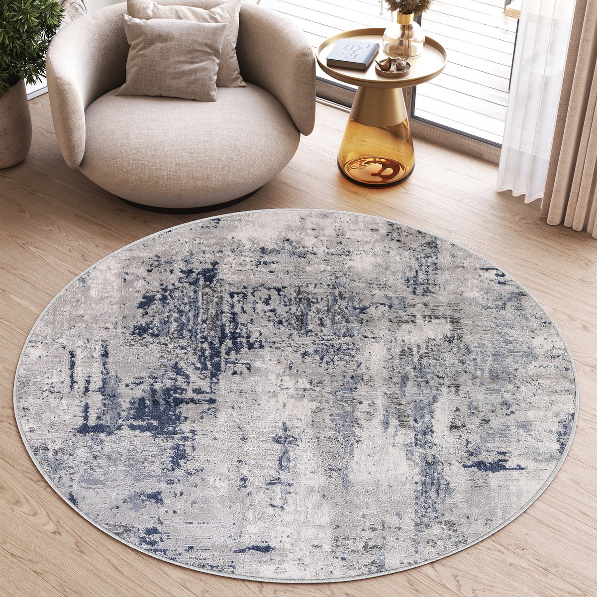 Tapiso Sky Rond Vloerkleed Hoogpolig Shaggy Modern Woonkamer Tapijt Maat- 160x160 Grijs Abstract 2
