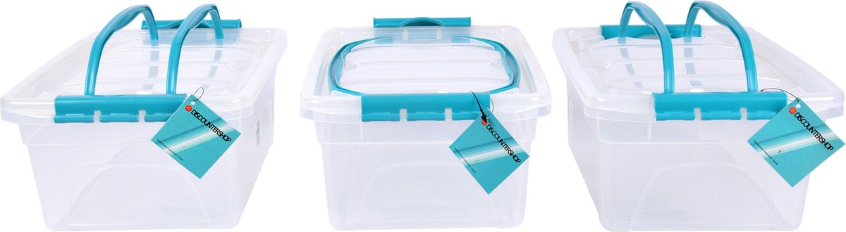 Set van 3 Opbergbox met Deksel Transparant 5 Liter - Kunststof met Sky Blauw Handvat - 30x20.5x12.5cm - Lichtgewicht - Opbergruimte Voor Diverse Huishoudelijke Spullen