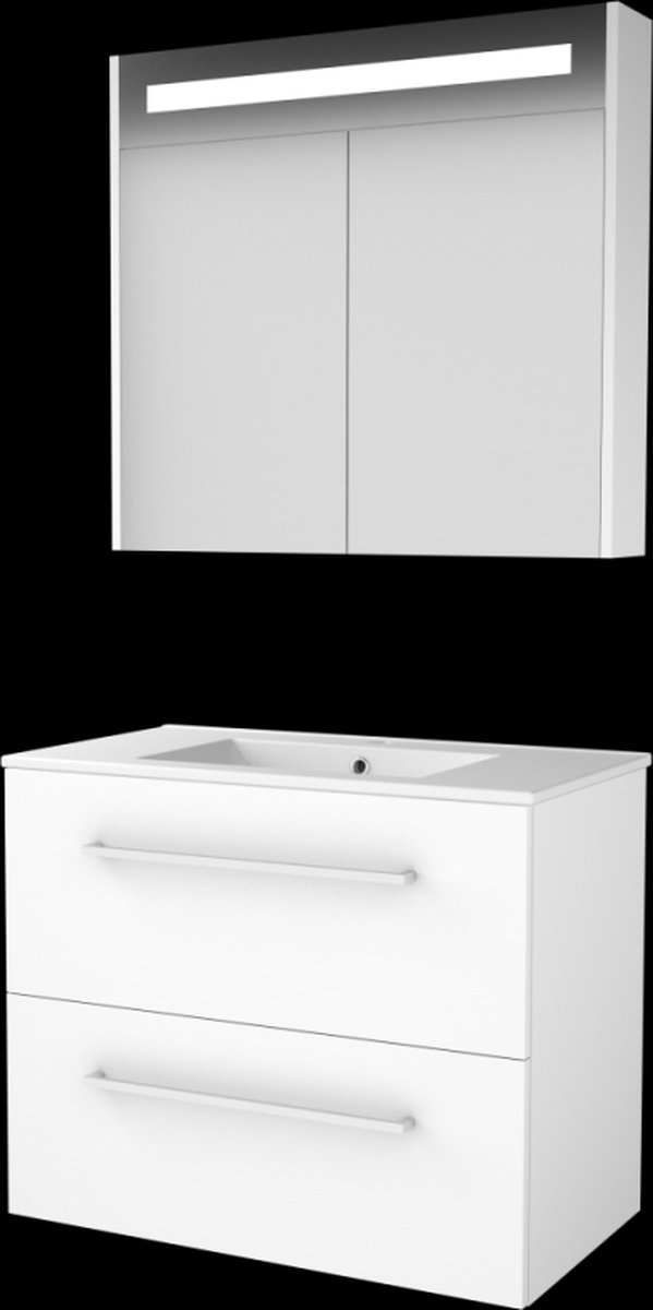 Basic Premium 46 badmeubelset met spiegelkast met geïntegreerde LED verlichting, wastafelonderkast met grepen, 2 lades en porseleinen wastafel met 1