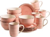 Bel Tempo II ontbijtservies voor 6 personen in vintage look handbeschilderd keramiek 18-delige serviesset roze aardewerk