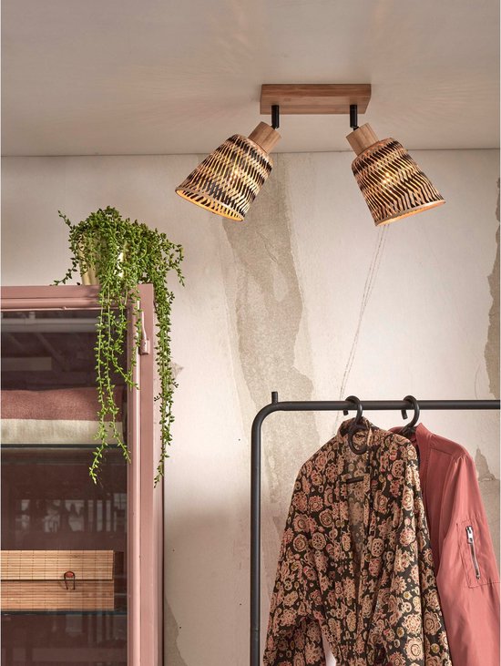 Plafonnier double avec abat-jour en bambou naturel et plaque de montage en bois.