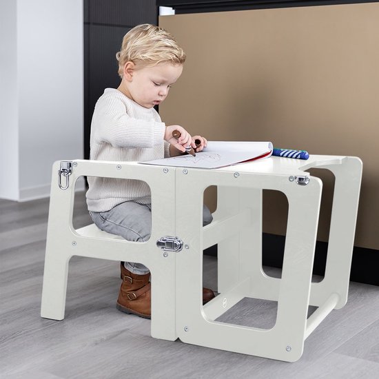 Jindl houten montessori leertoren 2-in-1 wit - Het handige hulpje in de keuken - Ook als tafeltje met stoeltje te gebruiken