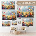 Un tableau de champ de fleurs en différentes tailles, avec des fleurs rouges, oranges, roses et violettes sous un ciel bleu.