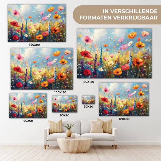 Un tableau de champ de fleurs en différentes tailles, avec des fleurs rouges, oranges, roses et violettes sous un ciel bleu.