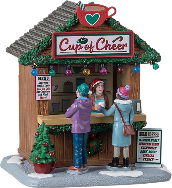 Houten kraampje met de tekst 'Cup of Cheer', bedienend personeel, twee klanten en een kerstboom. Kleuren: bruin, groen, rood, wit.