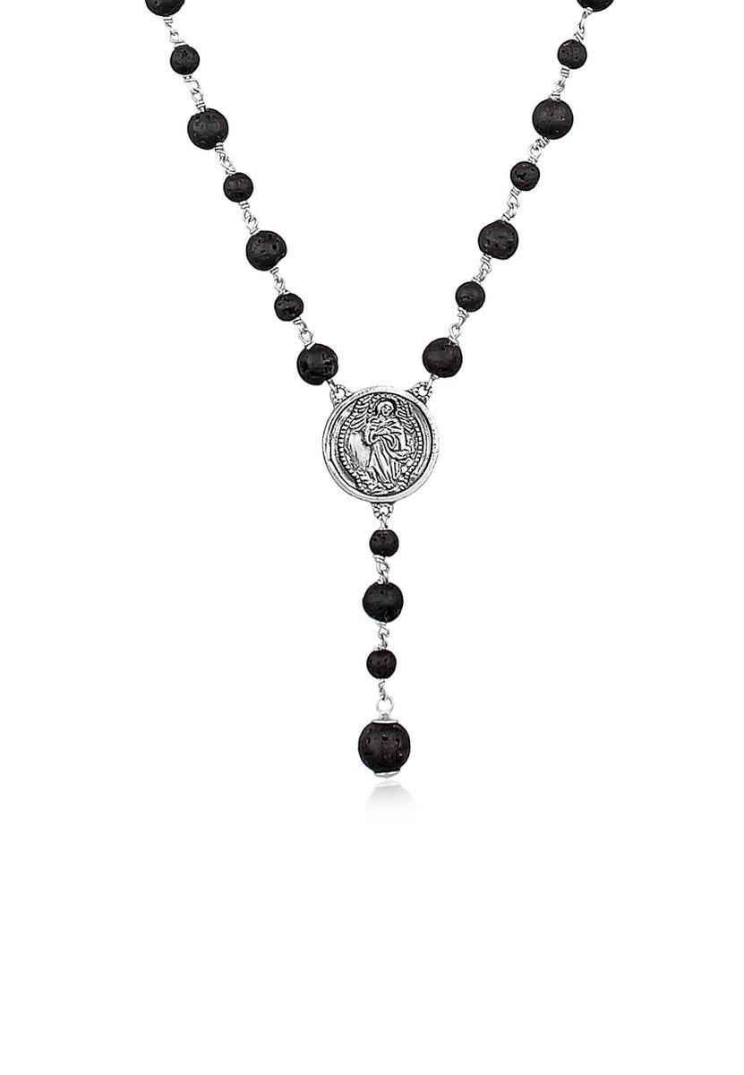 Haze & Glory - Halsketting - HG HAZE & GLORY - Halsketting Heren in 925 Sterling Zilver, sieraden mannen, zilveren Halsketting met geoxideerde Hanger, Y-ketting, met lavastenen, vintage, Holy Rosary, 65 cm - Heren