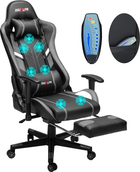 Fauteuil de massage en PU avec repose-pieds - Chaise de jeu ergonomique - 175° - Chaise de bureau - Gris et noir