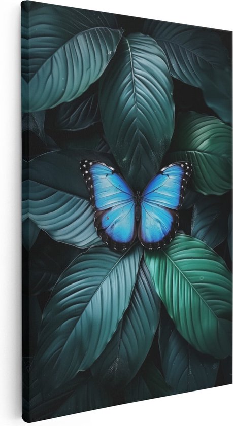 Artaza Canvas Schilderij Blauwe Vlinder Rustend op Groene Bladeren - 80x120 - Groot - Foto Op Canvas - Canvas Print
