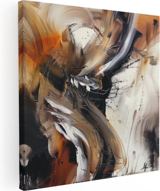Peinture abstraite dans les tons marron, noir, blanc et orange, vue de côté.