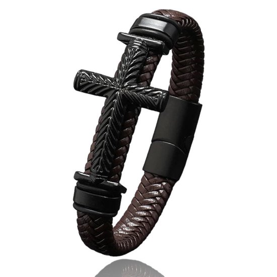 Bracelet Homme - Cuir Marron avec Croix Zwart - Bracelets en Cuir - Cadeau pour Homme - Cadeaux Hommes