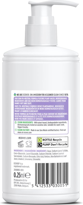 Ecover Lavendel & Aloë Vera - Handzeep - Voordeelverpakking 6 x 250 ml - Plantaardig & Biologisch afbreekbaar - Dermatologisch getest - Fles van gerecycled plastic