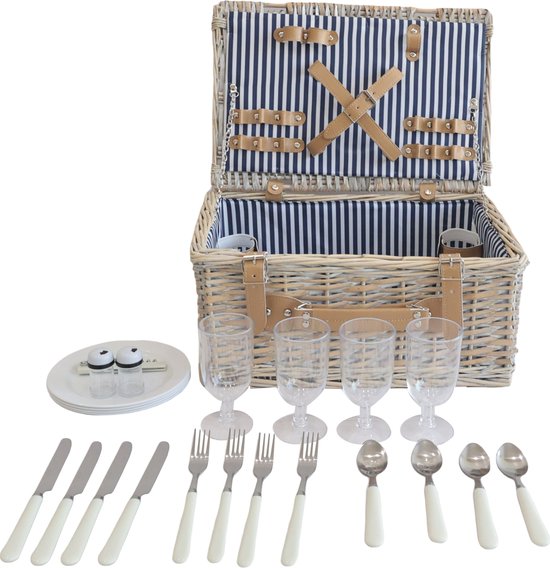 Panier pique-nique Lumparland avec contenu pour 4 personnes 42x28x20 cm blanc naturel et bleu casa.pro