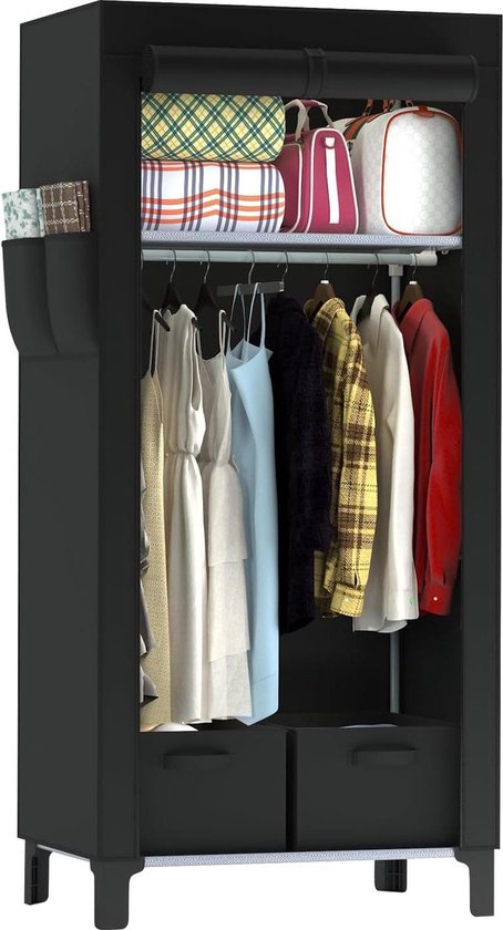 Eenzuil-kledingkast van canvas opvouwbaar met opbergdozen zwart Kledingkast