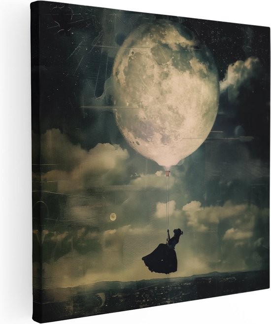 Artaza Canvas Schilderij Vrouw Vliegt een Ballon over de Maan - 90x90 - Groot - Foto Op Canvas - Canvas Print