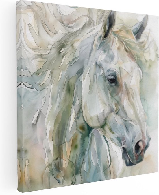 Artaza Canvas Schilderij Aquarelkunstwerk van een Wit Paard - Foto Op Canvas - Canvas Print