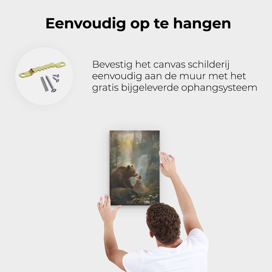 Une peinture d'un ours et d'une fille près d'une cascade. La peinture est montrée avec le matériel de suspension.